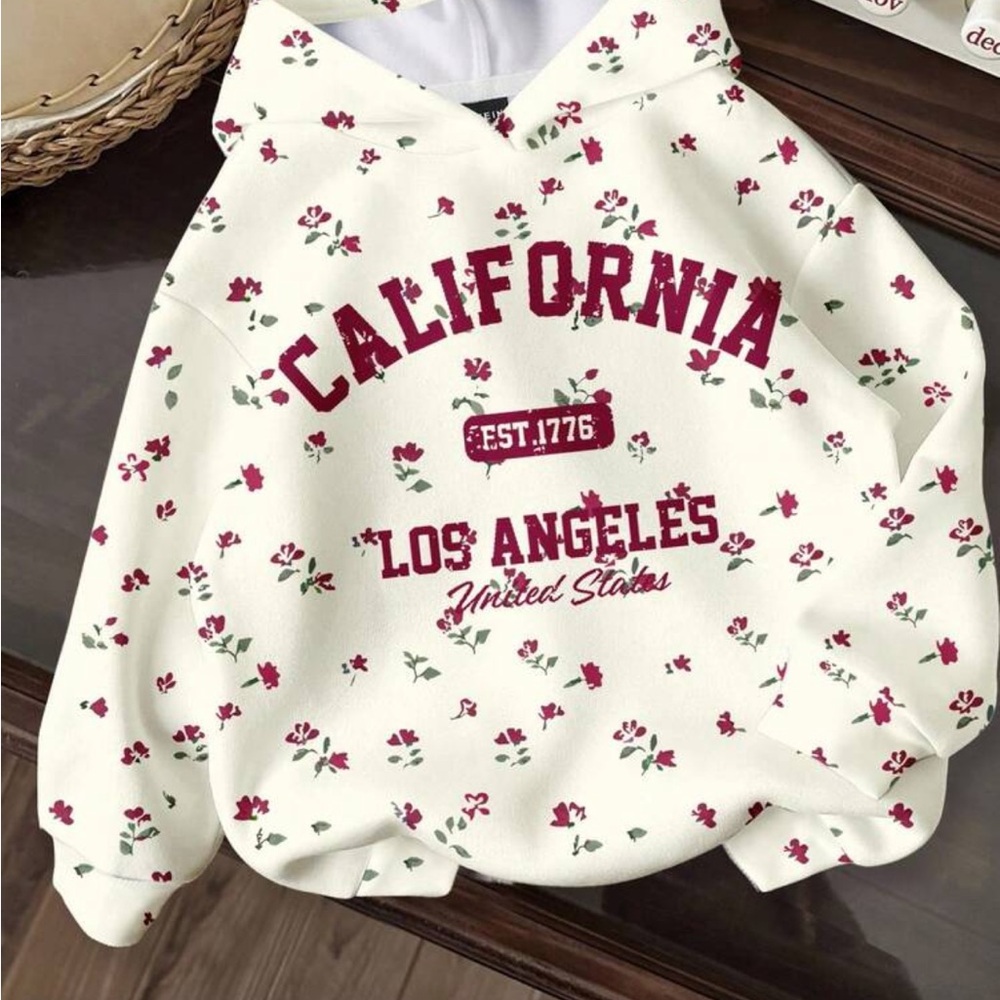 SHEIN White and Red Floral Hoodie Sweater NWOT